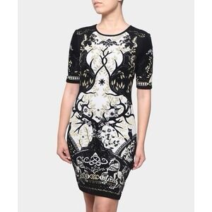 Roberto Cavalli Metallic Knit Tree of Life Bodycon Dress 48 US 12 Black‎ Gold